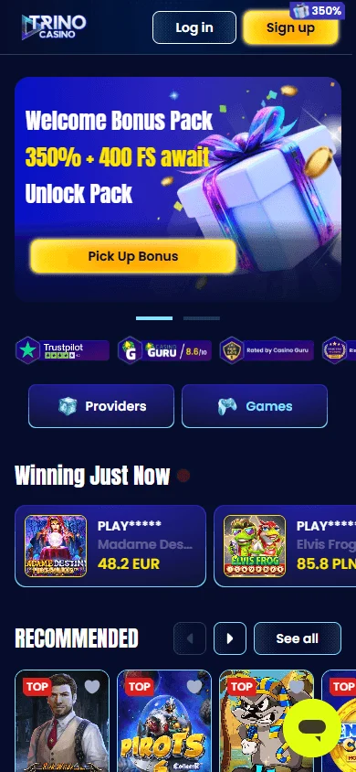 Trino Casino mobile home screen