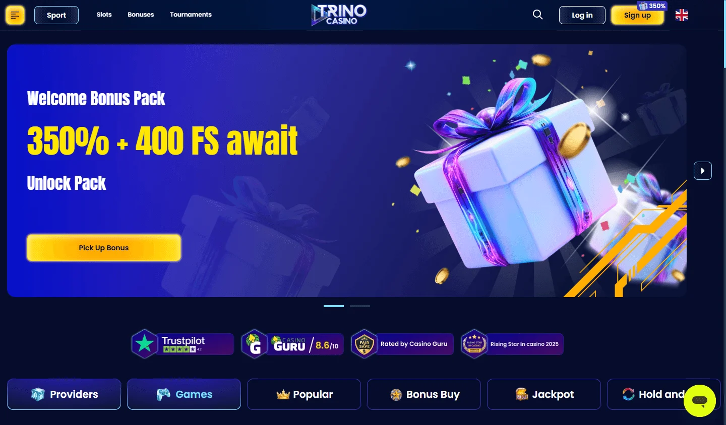 Trino Casino desktop home screen for Australian players