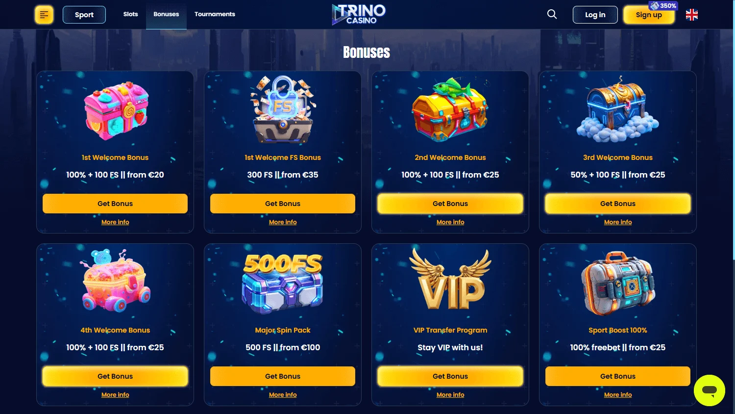 Trino Casino desktop promotions screen with casino offers