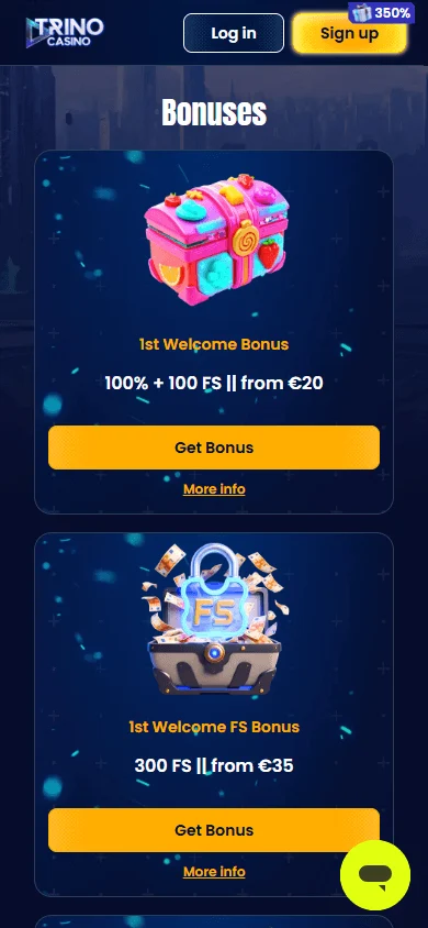 Trino Casino mobile promotions screen